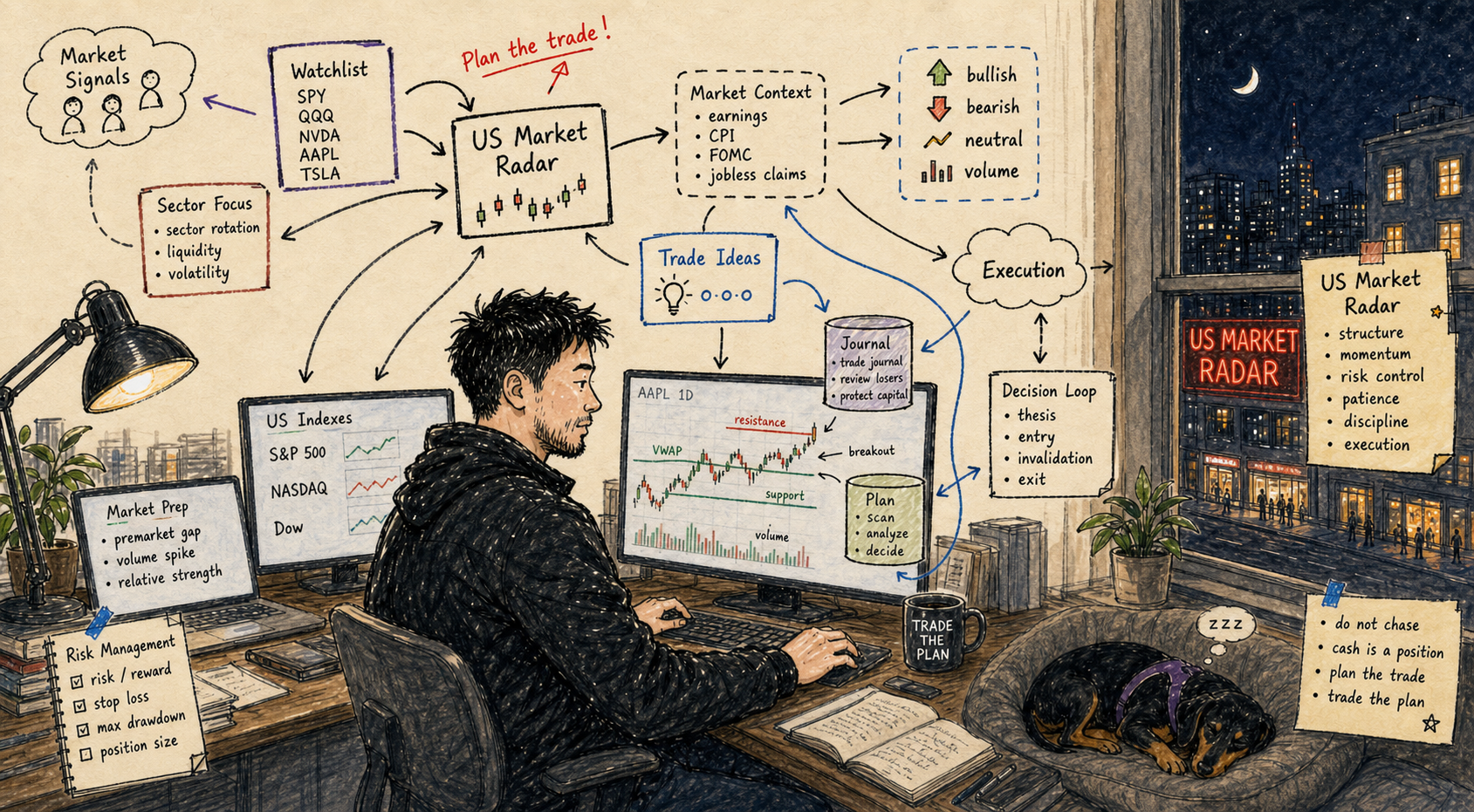 Hand-drawn map of Zander at his desk at night, three monitors with US Market Radar, watchlist (SPY/QQQ/NVDA/AAPL/TSLA), market context (CPI/FOMC/jobless claims), risk management, decision loop, and a sleeping dog.